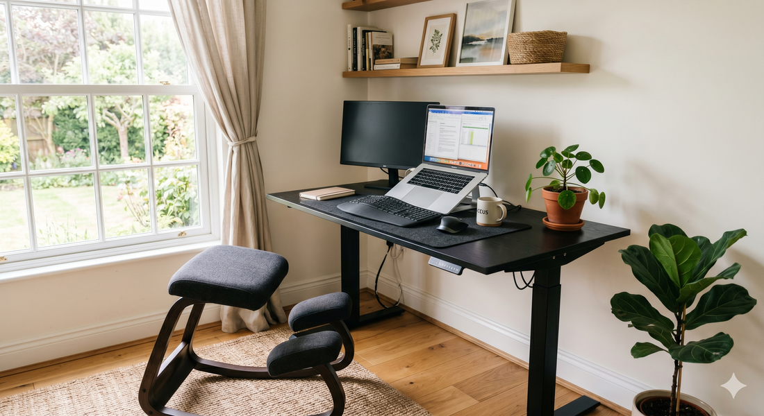 Ergonomic kneeling chair beside a home office desk with laptop, standing desk, and clean workspace setup.