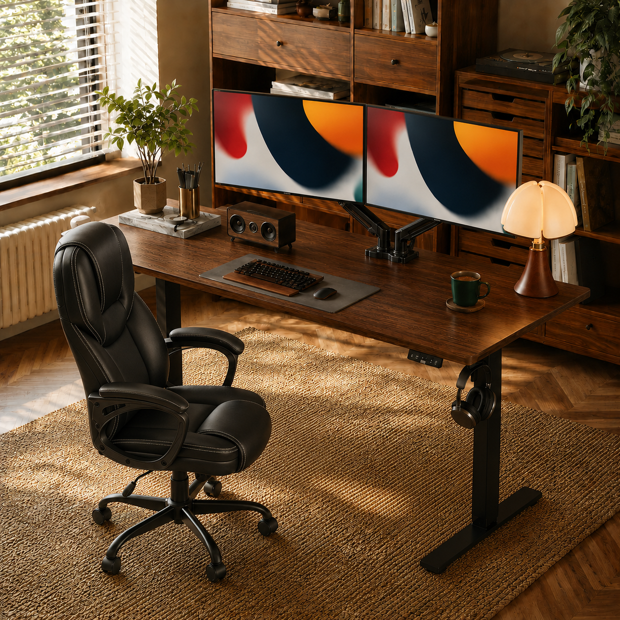 High-performance home office setup with dual monitors, standing desk, ergonomic chair, warm wood desk, and clean workspace organization.