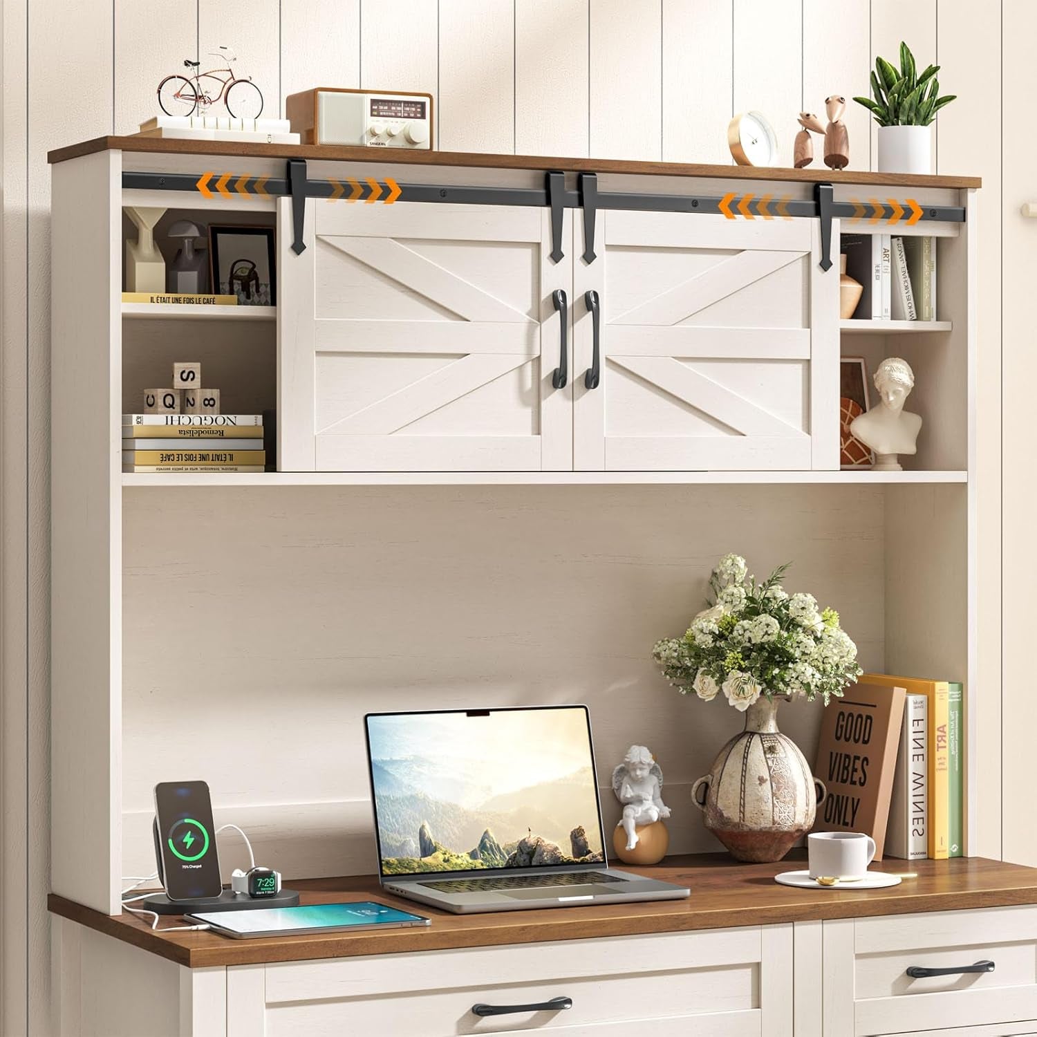 67Inch White Farmhouse Executive Desk Hutch Storage