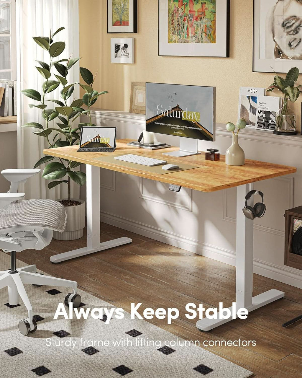Modern home office with a wooden desk, computer setup, and decorative elements.