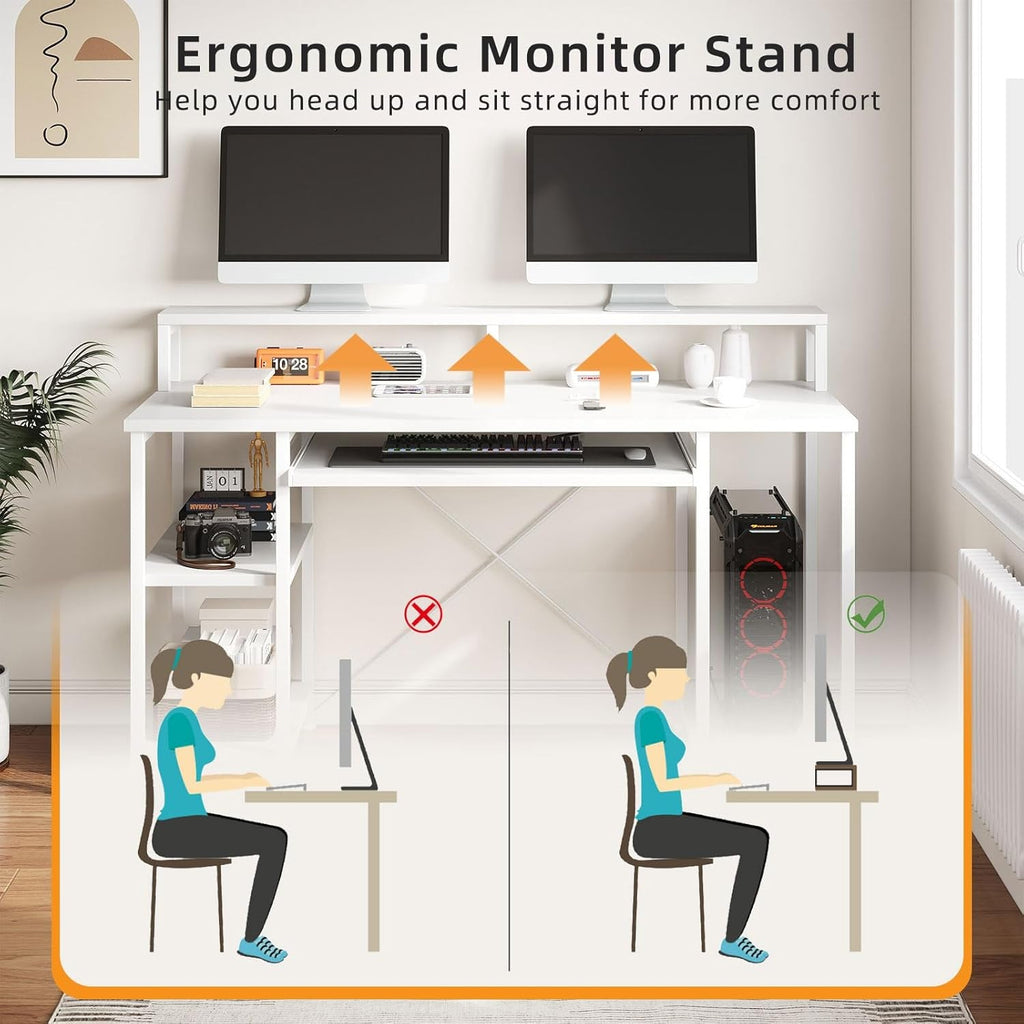 Forty Eight Inch Computer Desk White Monitor Stand Keyboard Tray