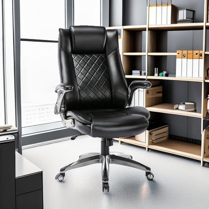 COLAMY High Back Executive Office Chair - Padded Leather Ergonomic Computer Desk Chair with Inflatable Lumbar Support & Flip-Up Arms, Adjustable Tilt Lock Swivel Task Chair for Home Office, Black