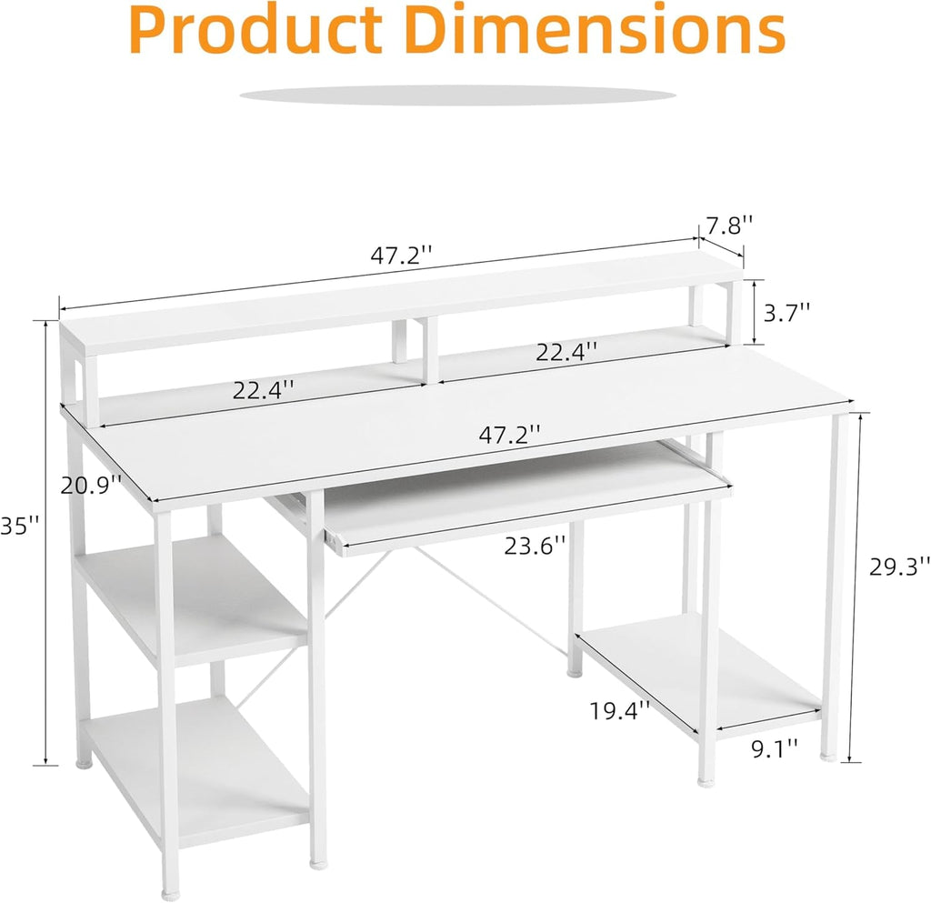 Forty Eight Inch Computer Desk White Monitor Stand Keyboard Tray