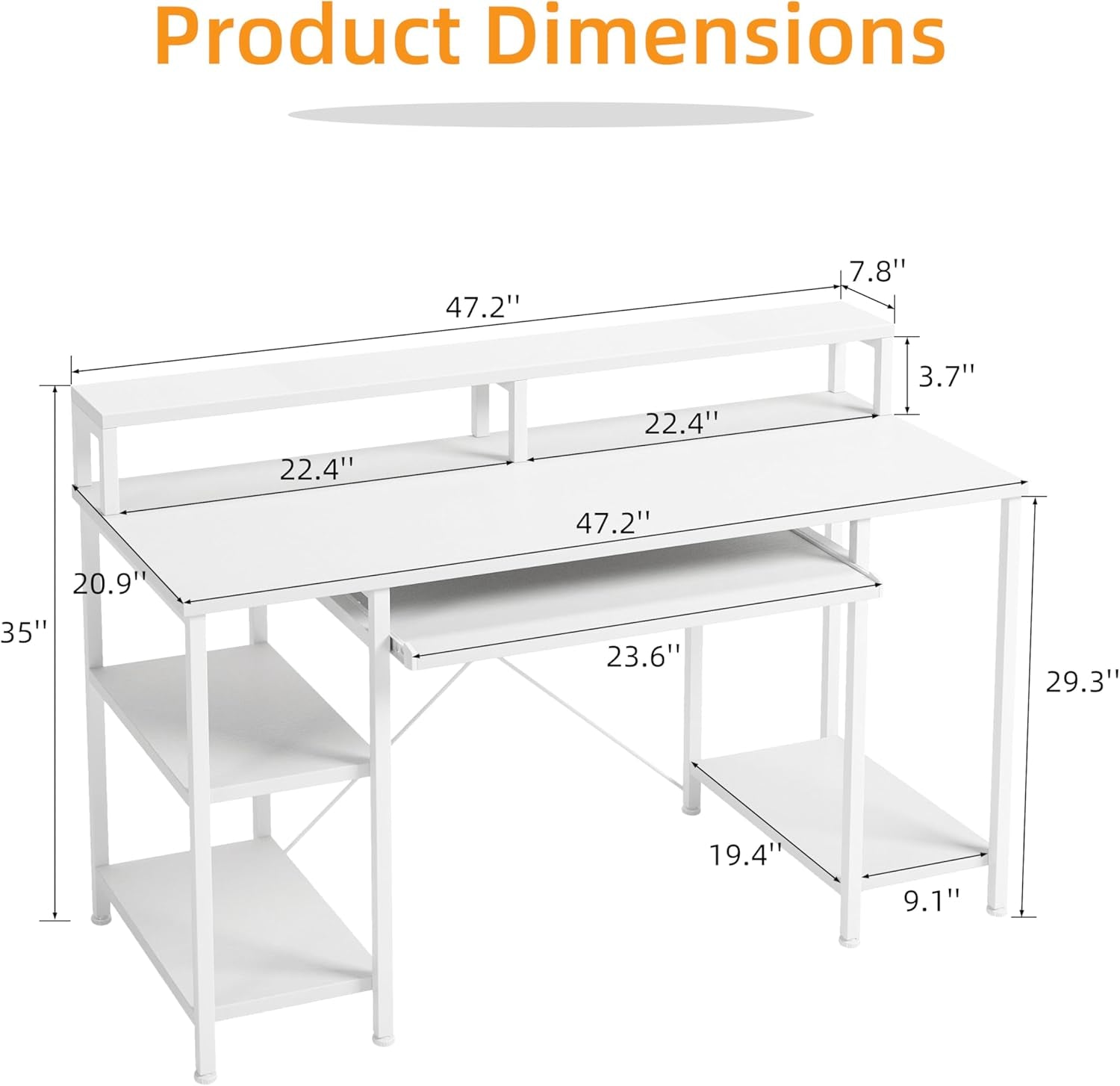 Forty Eight Inch Computer Desk White Monitor Stand Keyboard Tray