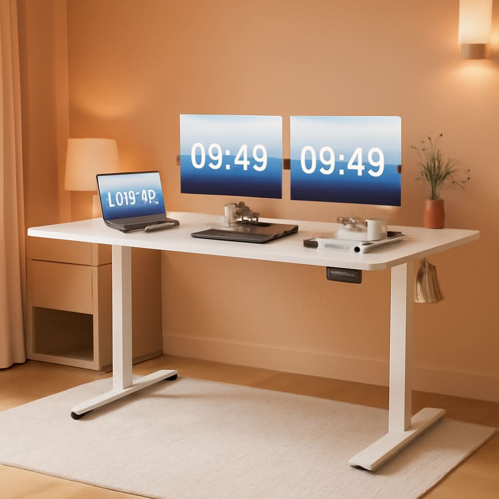 White desk with electronic devices and a lamp in a room setting