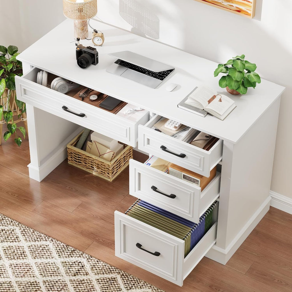 Cream White Farmhouse Executive Desk Featuring Drawers