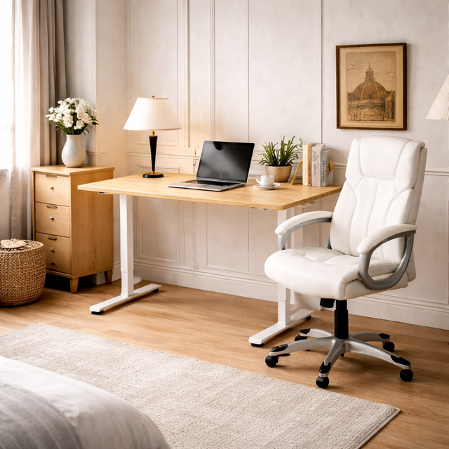 55 inch electric standing desk and executive chair set in wood and white home office setup