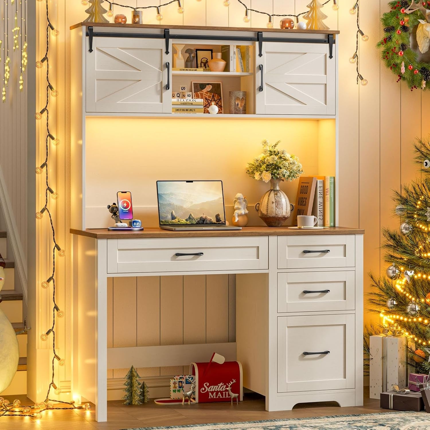 67Inch White Farmhouse Executive Desk Hutch Storage