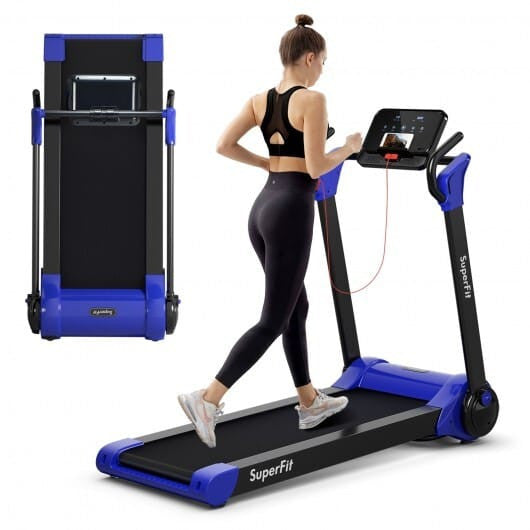 Woman using a SuperFit treadmill with a white background