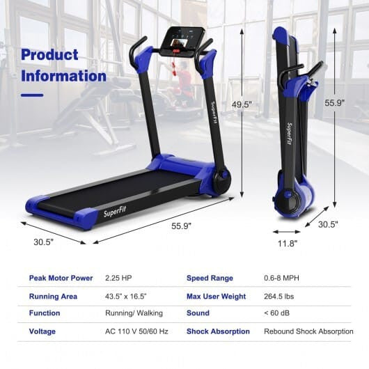 Foldable treadmill with dimensions and specifications on a white background