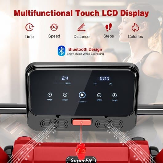 Multifunctional touch LED display with Bluetooth design on a treadmill background