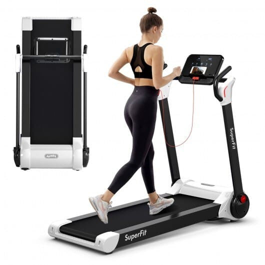 Woman using a SuperFit treadmill on a white background