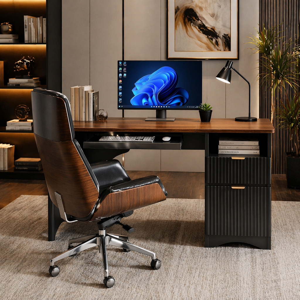 55" Computer Desk with Power Outlet & Keyboard Tray + Executive Swivel Chair Set, Walnut/Black