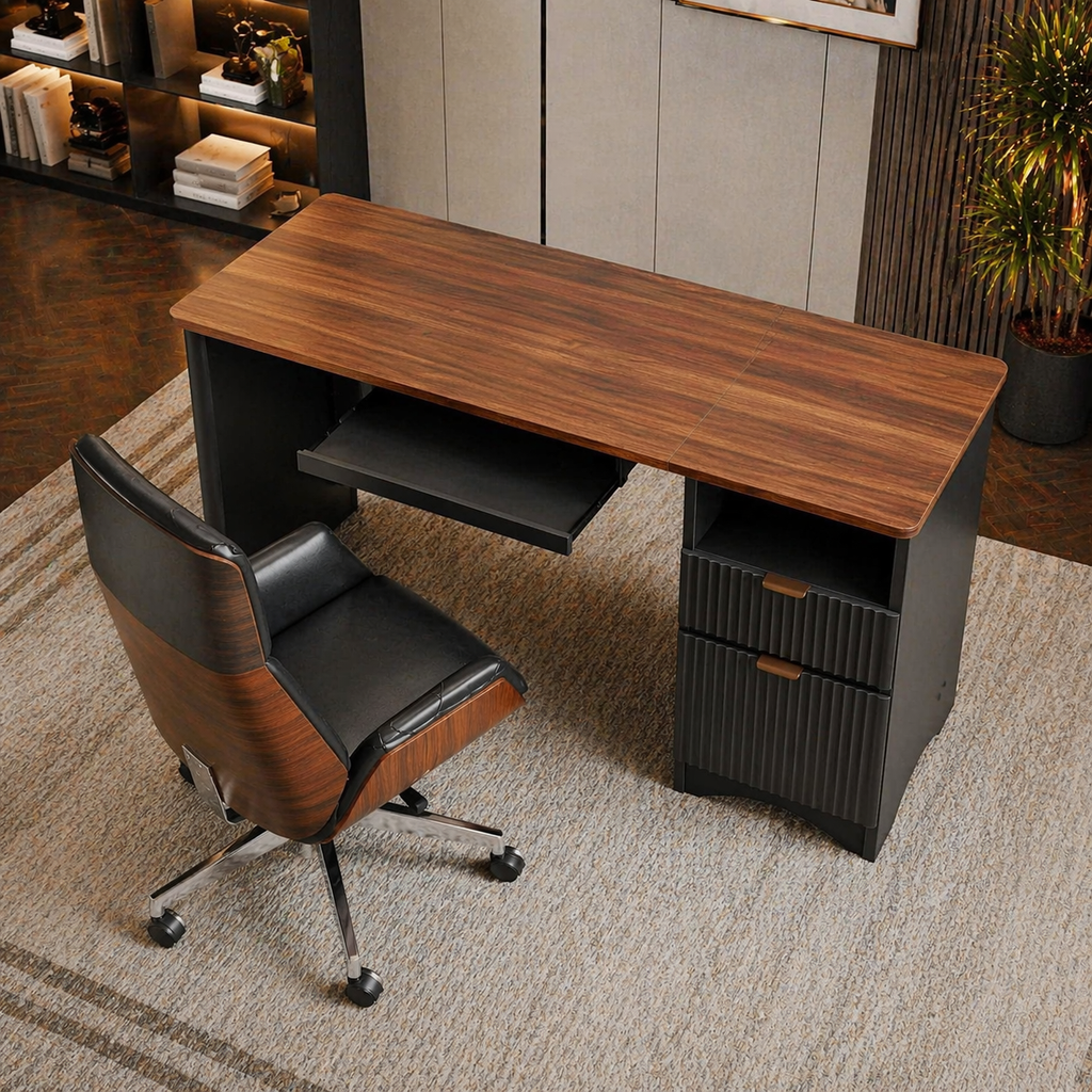 55" Computer Desk with Power Outlet & Keyboard Tray + Executive Swivel Chair Set, Walnut/Black