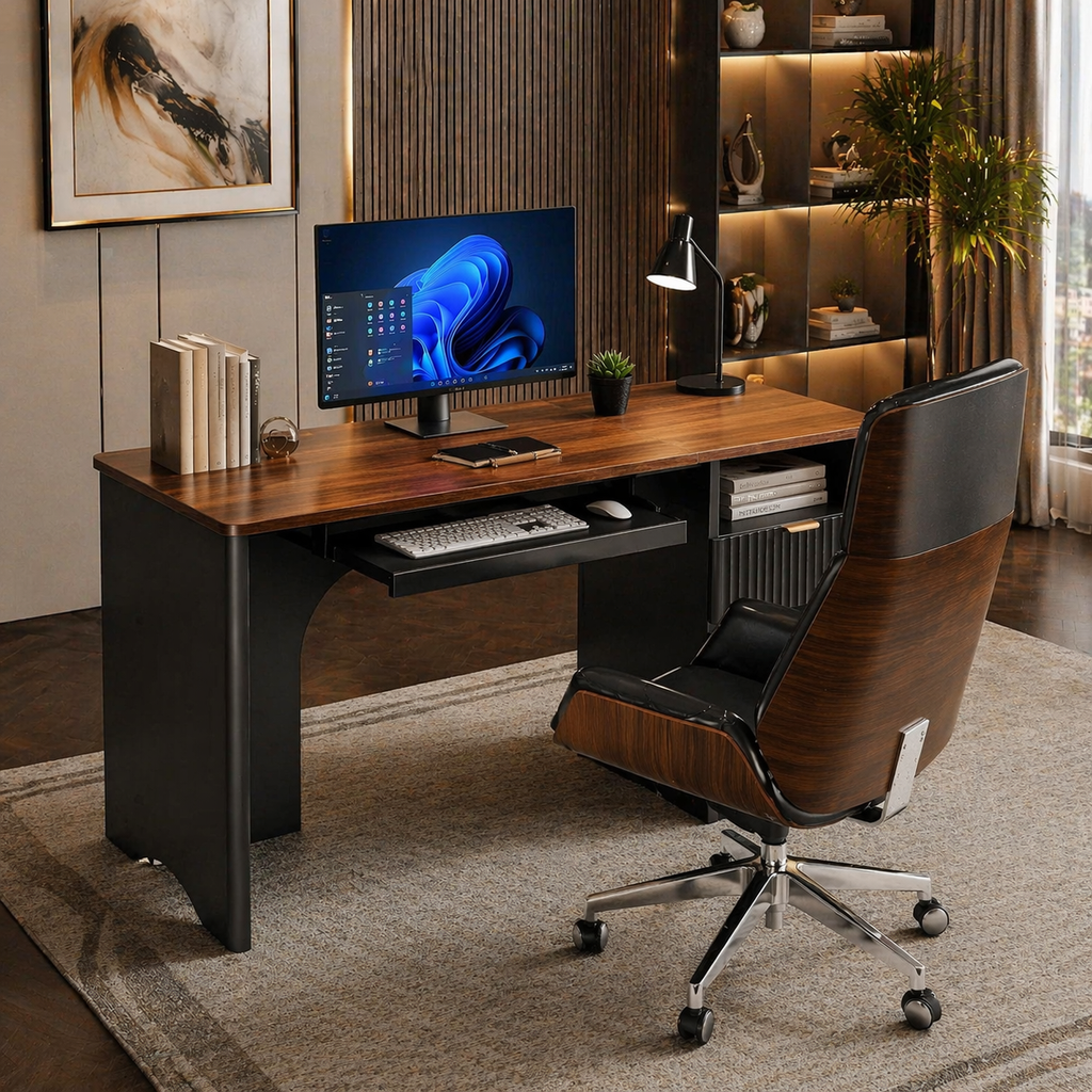 55" Computer Desk with Power Outlet & Keyboard Tray + Executive Swivel Chair Set, Walnut/Black