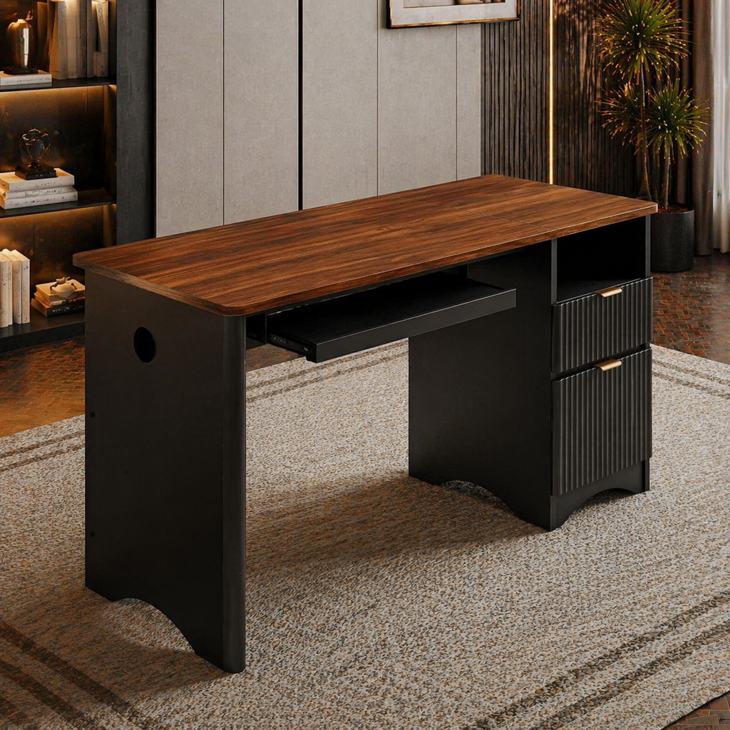 55" Computer Desk with Power Outlet & Keyboard Tray + Executive Swivel Chair Set, Walnut/Black
