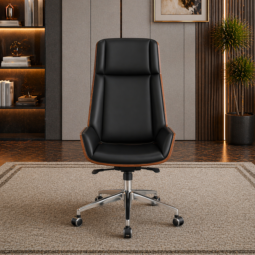 55" Computer Desk with Power Outlet & Keyboard Tray + Executive Swivel Chair Set, Walnut/Black