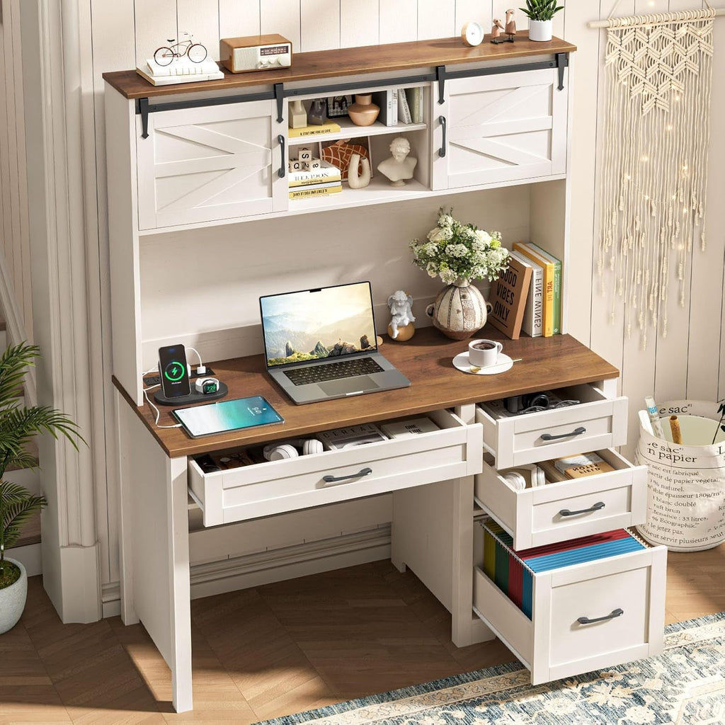 67Inch White Farmhouse Executive Desk Hutch Storage