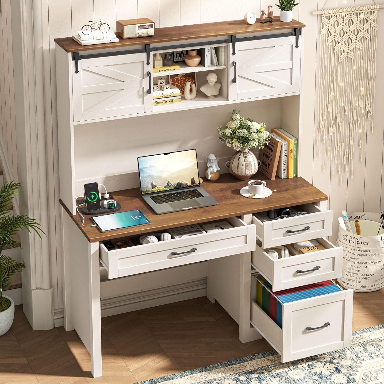 67Inch White Farmhouse Executive Desk Hutch Storage
