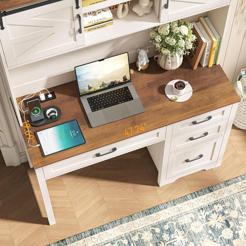 67Inch White Farmhouse Executive Desk Hutch Storage