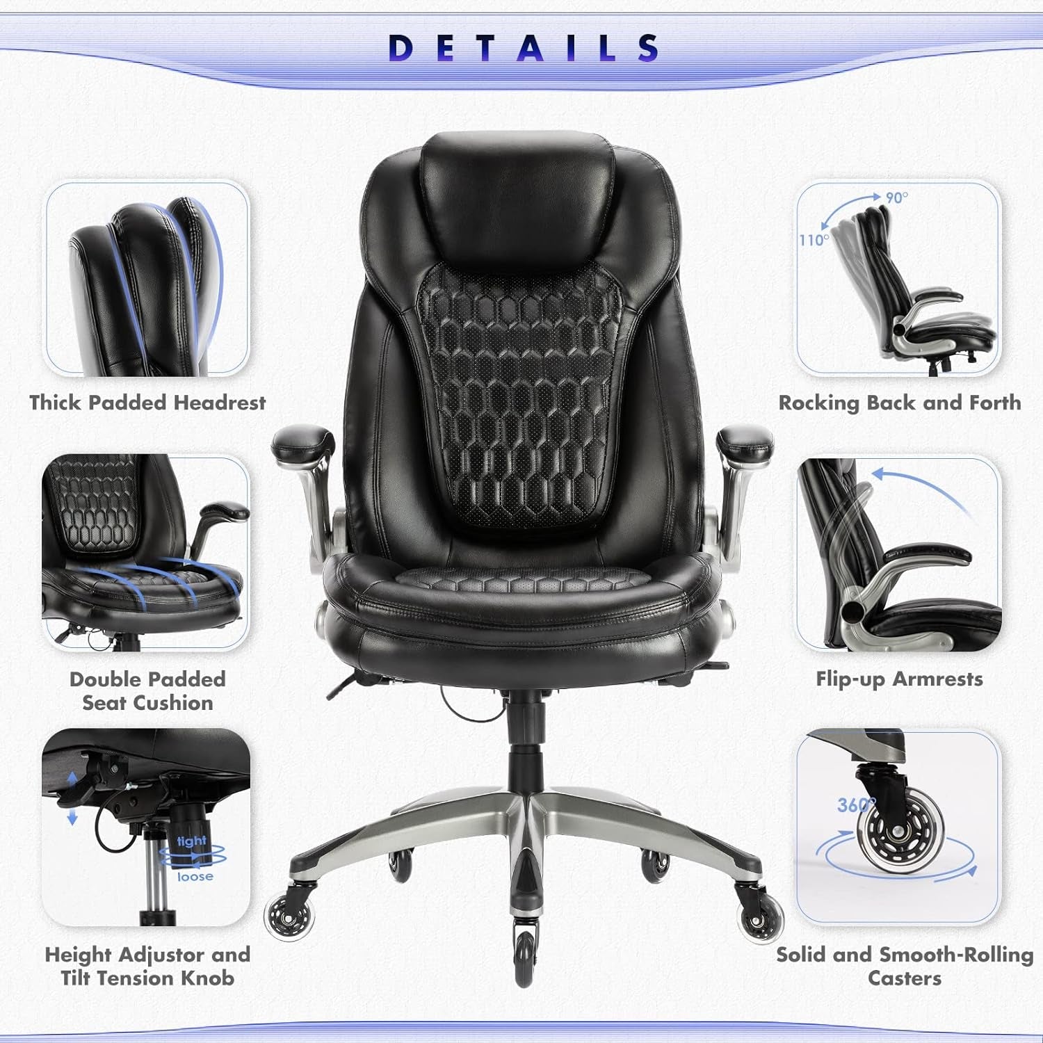 COLAMY High Back Executive Office Chair - Padded Leather Ergonomic Computer Desk Chair with Inflatable Lumbar Support & Flip-Up Arms, Adjustable Tilt Lock Swivel Task Chair for Home Office, Black - Thumbnail 4