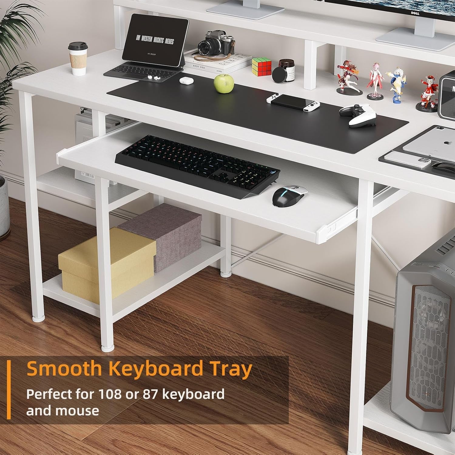 Forty Eight Inch Computer Desk White Monitor Stand Keyboard Tray