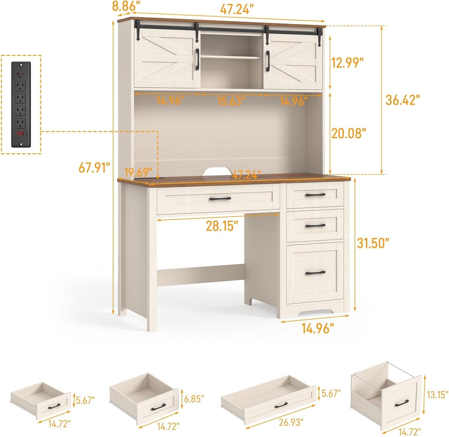67Inch White Farmhouse Executive Desk Hutch Storage