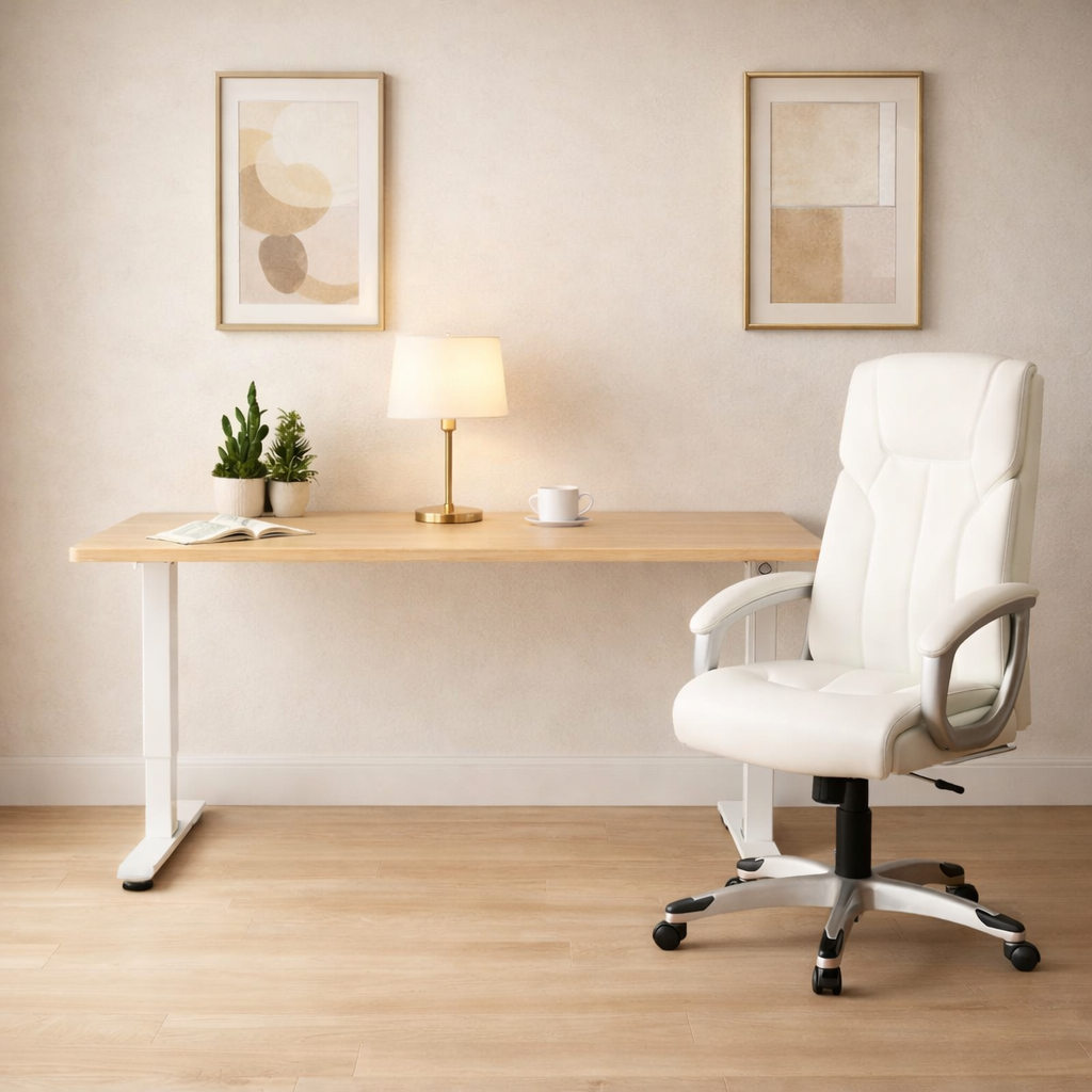 electric standing desk with high back executive swivel chair for remote work