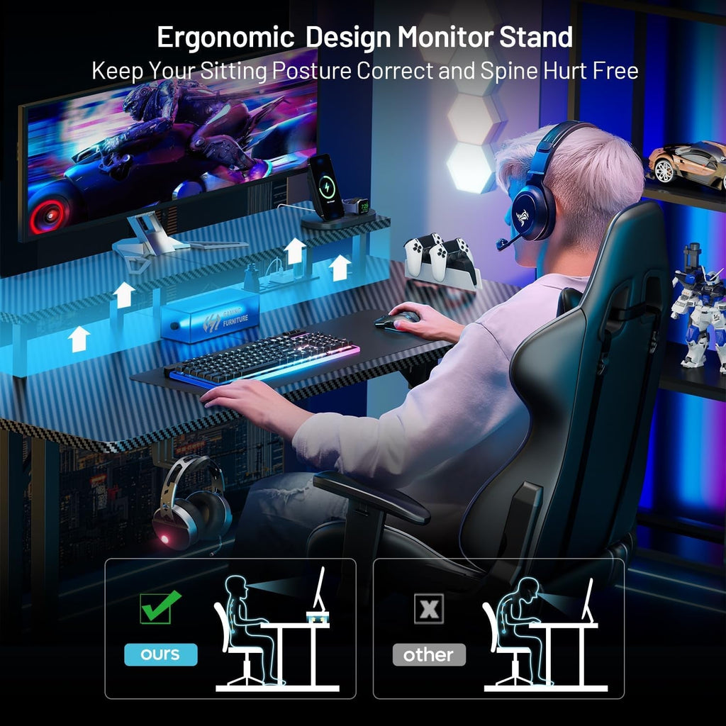 Person using a computer setup with an ergonomic monitor stand in a gaming room.