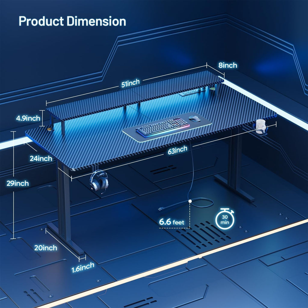 63" Ergonomic Glass Gaming Desk with LED Lights
