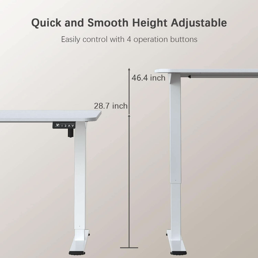 Height-adjustable desk with dimensions and operation buttons on a beige background