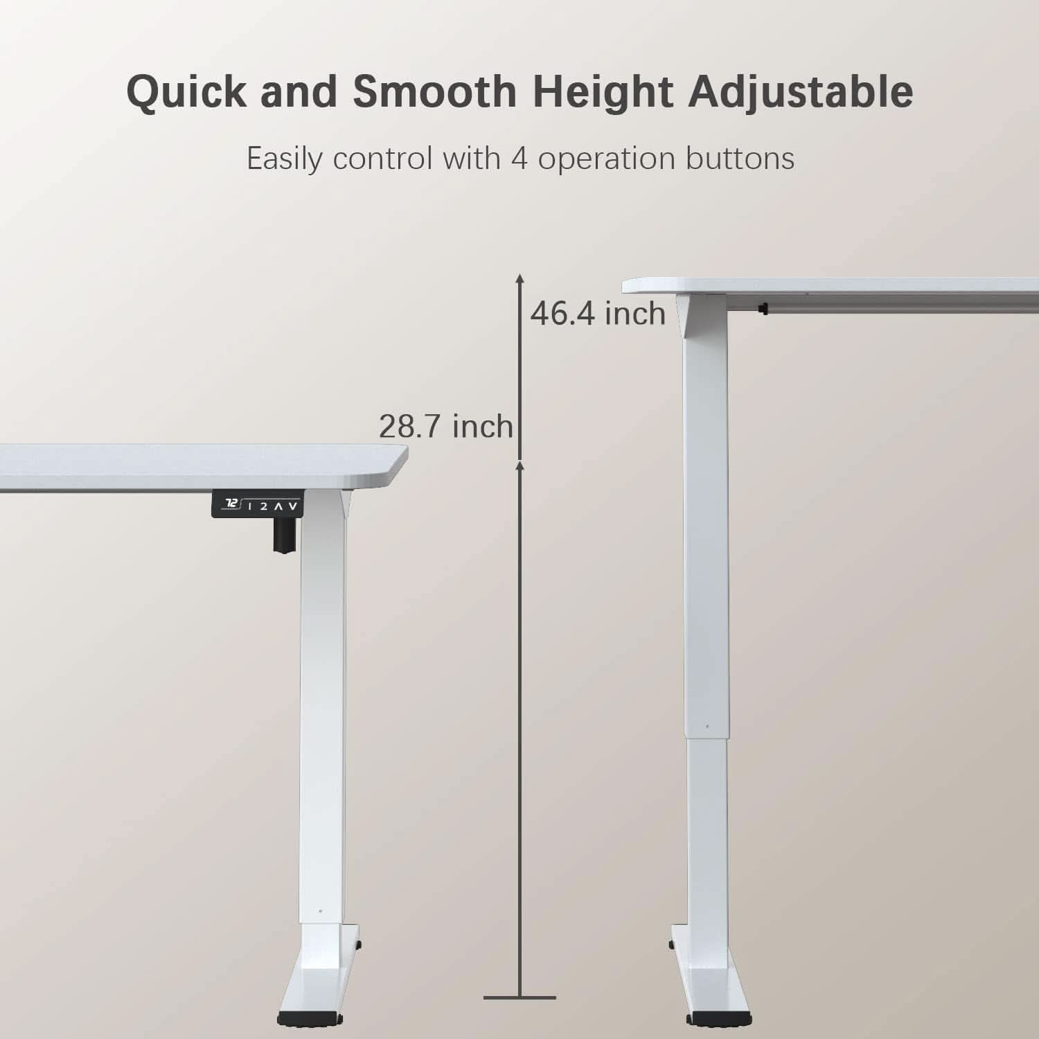 Height-adjustable desk with dimensions and operation buttons on a beige background