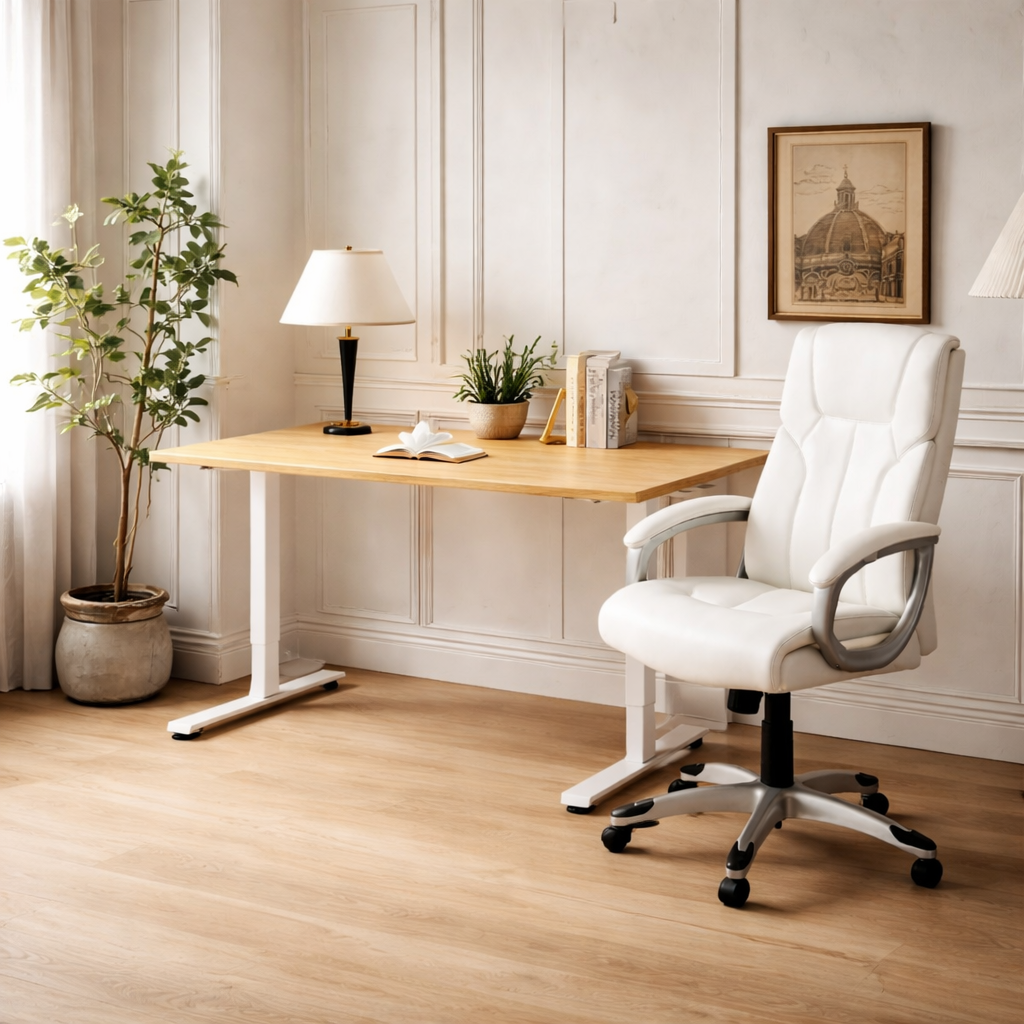 Modern home office with a wooden desk, white chair, and decorative elements.