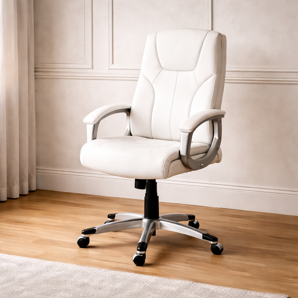White office chair on a wooden floor with a neutral wall background
