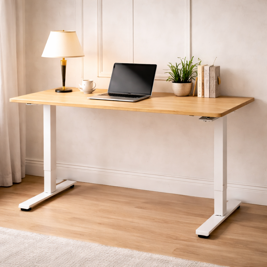 Wooden desk with a laptop, lamp, and books in a home office setting.